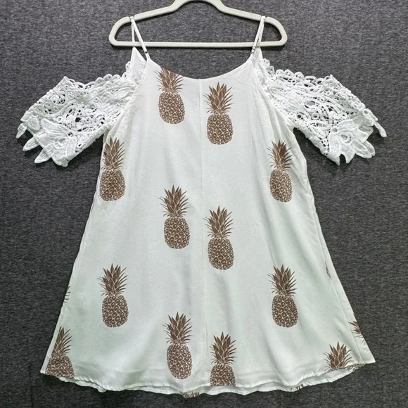 NEW White Pineapple Print Cold Shoulder Lace‎ Sleeve Mini Dress Shein Curve 0XL - Picture 3 of 12